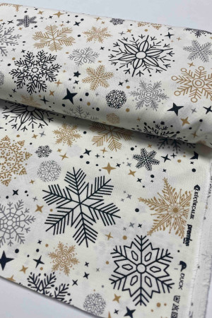Тефлонова тканина Золотисто-чорні новорічні сніжинки